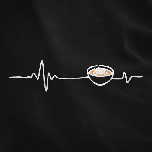 Minimalist heartbeat line with bowl of miso on black fabric, comfort food, modern tradition, heart t shirt.