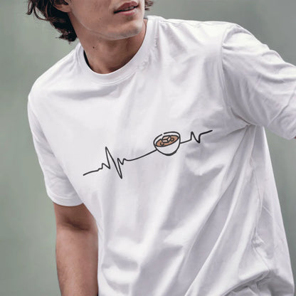 Male model in white miso heartbeat t-shirt, cozy food, minimalist t shirt, positive messaging.