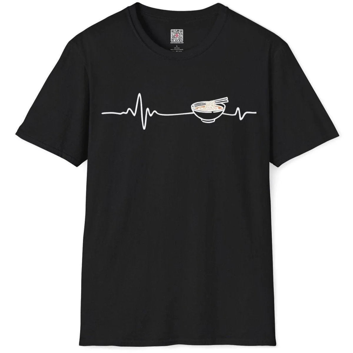 Black flatlay t-shirt with heartbeat line art forming ramen bowl and chopsticks, ramen joy, japanese t-shirts.