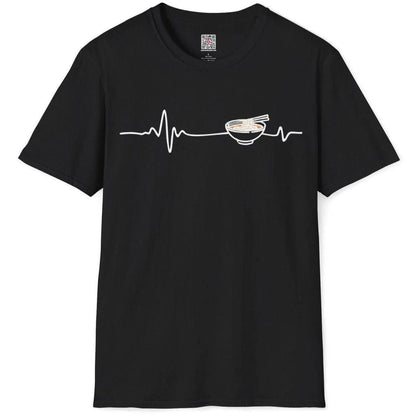 Black flatlay t-shirt with heartbeat line art forming ramen bowl and chopsticks, ramen joy, japanese t-shirts.