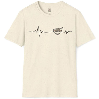 Natural flatlay t-shirt with minimalist heartbeat line forming ramen bowl and chopsticks, ramen shirt, contrast art.