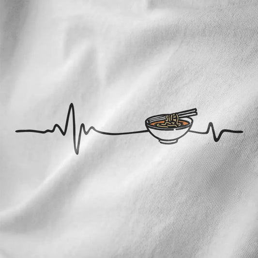 Smooth black EKG line forms heartbeat and ramen bowl with chopsticks on white fabric, minimalist ramen t-shirt.