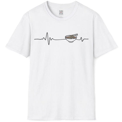 White flatlay t-shirt featuring EKG line turning into ramen bowl with chopsticks, umami noodles, modern fusion.