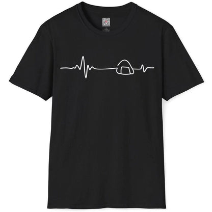 Black flatlay t-shirt with heartbeat line turning into onigiri rice ball, simple shirt design, sushi culture.