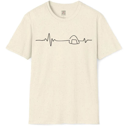 Natural flatlay t-shirt with heartbeat line art and rice ball onigiri, modern tradition, pastel aesthetics.