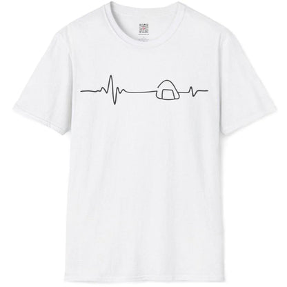 White flatlay t-shirt featuring EKG line morphing into onigiri, organic aesthetic, cultural identity.