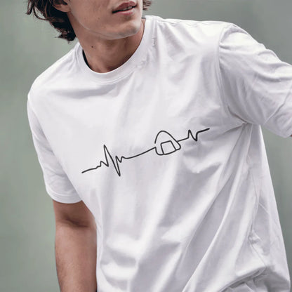 Male model wears white t-shirt with heartbeat line art forming onigiri, japanese snack popular, positive messaging.
