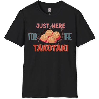Black t-shirt flatlay with lively takoyaki graphic and humorous quote, junk food shirt, graphic design t shirt.