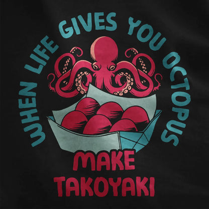 Close-up of playful octopus and takoyaki balls on black shirt, with retro cartoon and contrast in colors.