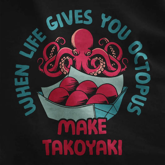Close-up of playful octopus and takoyaki balls on black shirt, with retro cartoon and contrast in colors.