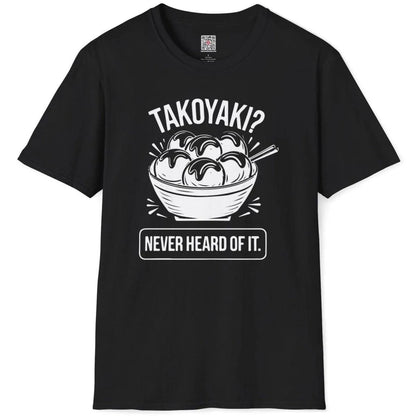 Black flatlay tee with eye-catching takoyaki graphic and bold text; junk food shirt, octopus shirt, vintage aesthetic.