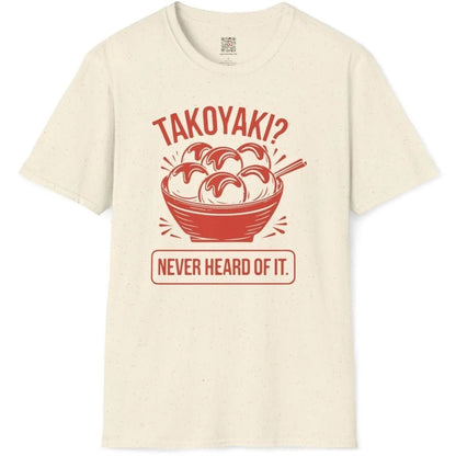 Natural flatlay shirt with nostalgic takoyaki bowl and bold blocky text; vintage aesthetic, food t-shirts, bold text fonts.