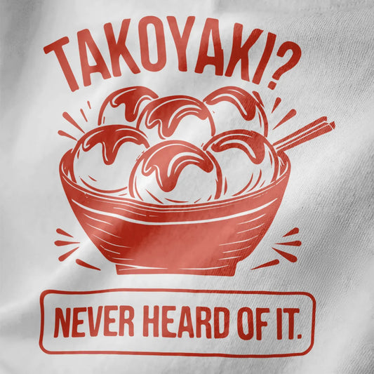 Close-up of rustic takoyaki bowl design with bold red hues on white fabric; japanese t-shirts, food t-shirts, rustic charm.