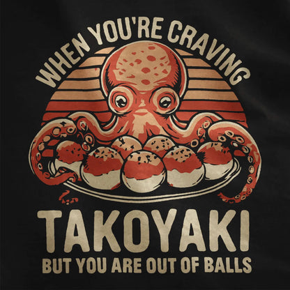 Playful octopus and takoyaki design with sunset gradient on black fabric, japanese t-shirts, vibrant style.