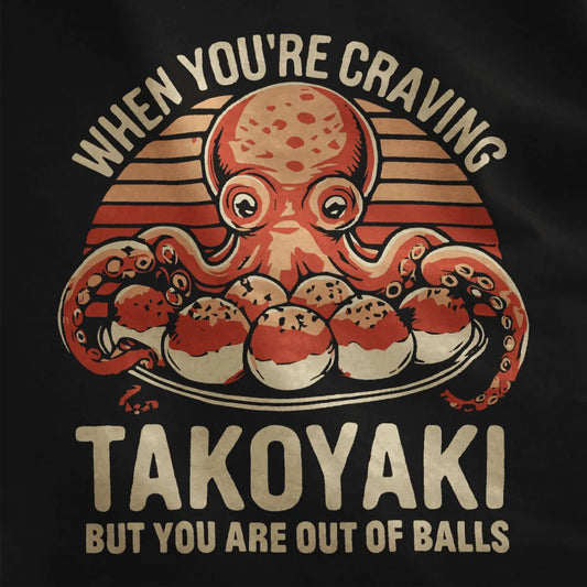 Playful octopus and takoyaki design with sunset gradient on black fabric, japanese t-shirts, vibrant style.