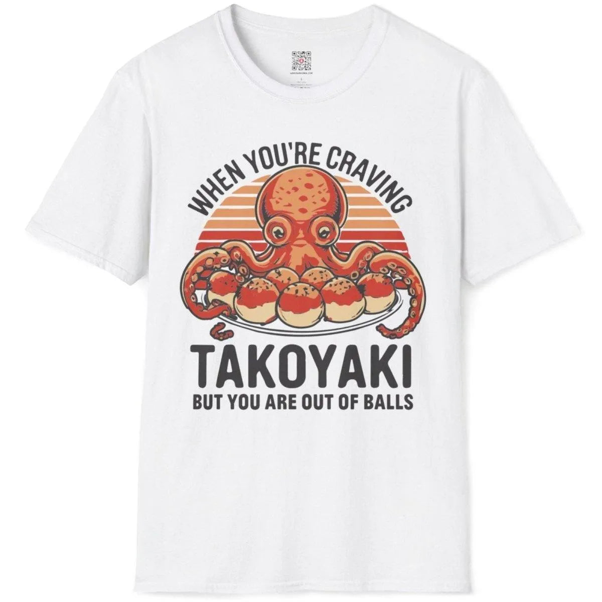 White t-shirt flatlay, hand-drawn octopus and takoyaki, retro font, japanese t-shirts, vibrant style.