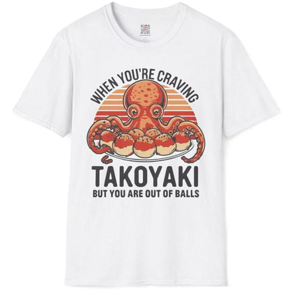 White t-shirt flatlay, hand-drawn octopus and takoyaki, retro font, japanese t-shirts, vibrant style.