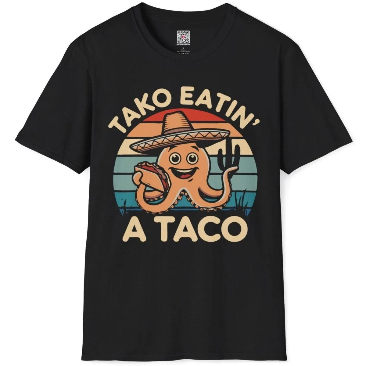 Black t-shirt flatlay, playful octopus in sombrero holding taco, cultural fusion, vibrant style.