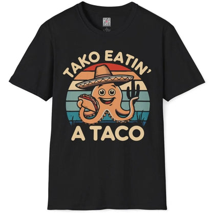 Black t-shirt flatlay, playful octopus in sombrero holding taco, cultural fusion, vibrant style.