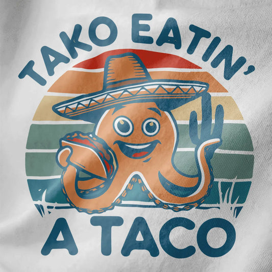 Cheerful octopus in sombrero holding taco on white fabric, japanese t-shirts, cultural fusion, vibrant style.