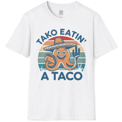 White t-shirt flatlay, octopus art with taco and bold text, japanese t-shirts, food t-shirts.