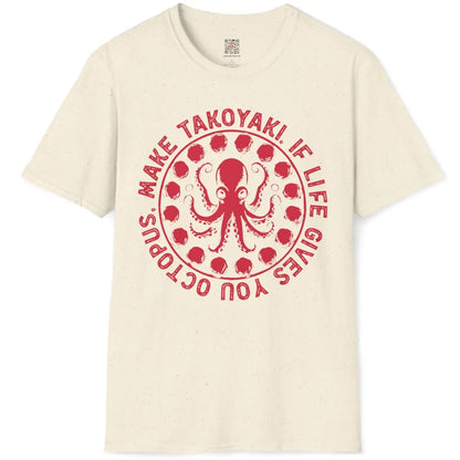 Natural t-shirt flatlay with quirky octopus and takoyaki design, hand-drawn typeface, cultural fusion.