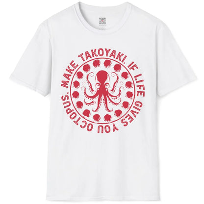 White t-shirt flatlay displaying cultural fusion octopus and takoyaki balls, vibrant style, junk food shirt.