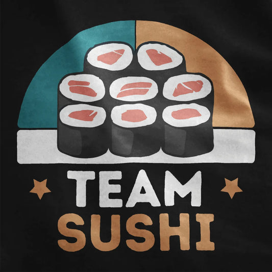 Closeup of vibrant sushi roll grid and playful "TEAM SUSHI" text on black t-shirt; sushi t-shirt, bold text fonts.