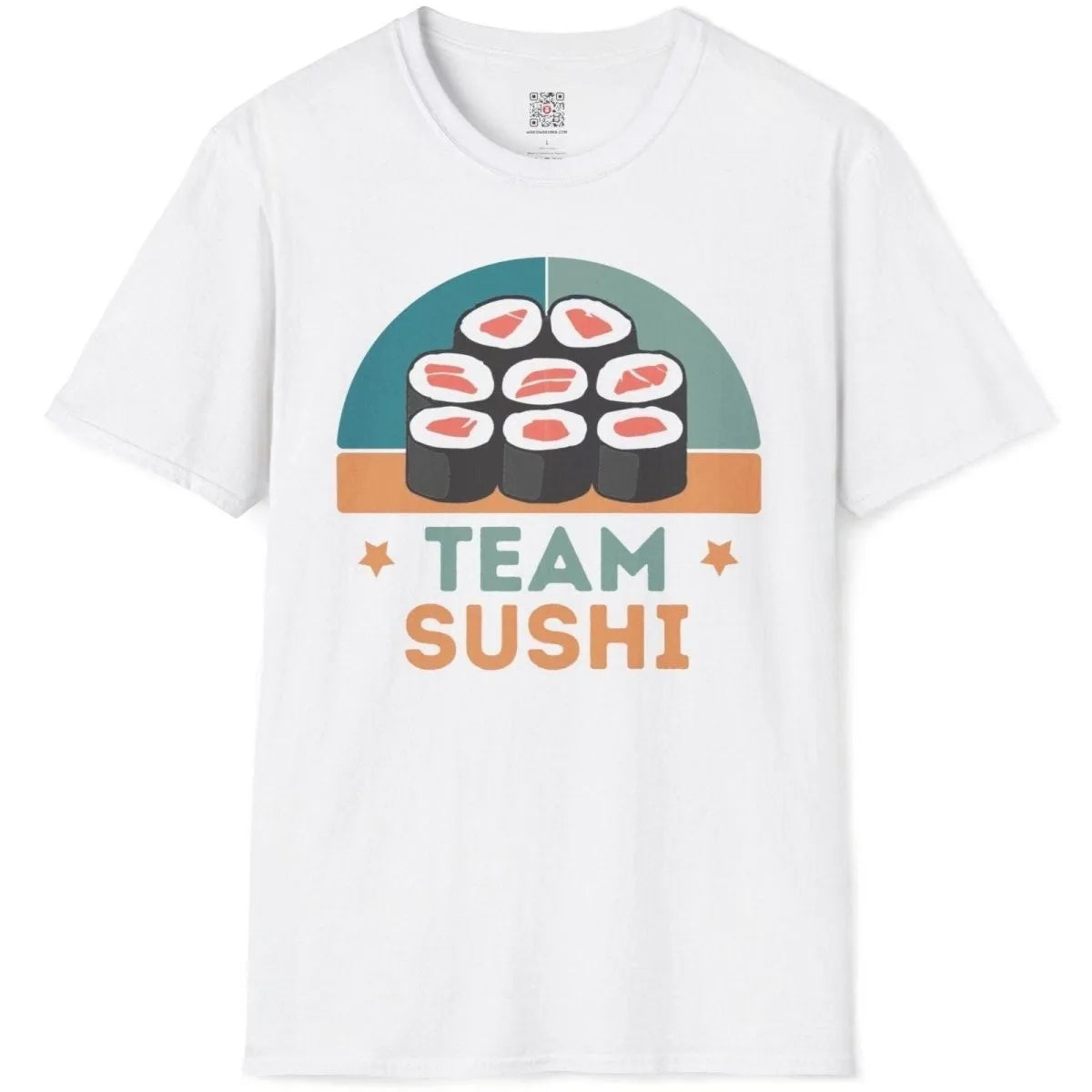 White flatlay t-shirt featuring sushi roll grid, teal accent, and orange "SUSHI" text; sushi shirt, grid pattern.