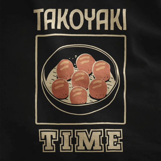 Seven takoyaki balls in black oval frame, “TAKOYAKI TIME” text on black shirt, vintage aesthetic, junk food shirt.