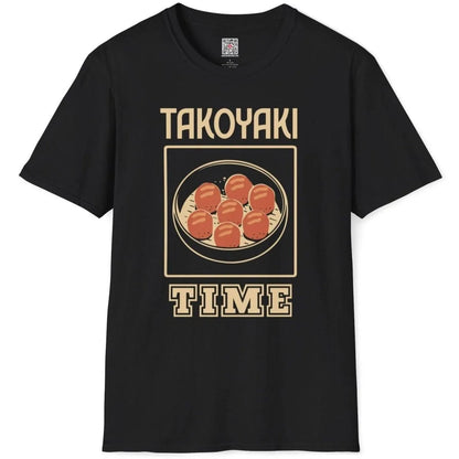 Flatlay of black “TAKOYAKI TIME” shirt with takoyaki balls, retro diner, and bold block letters.