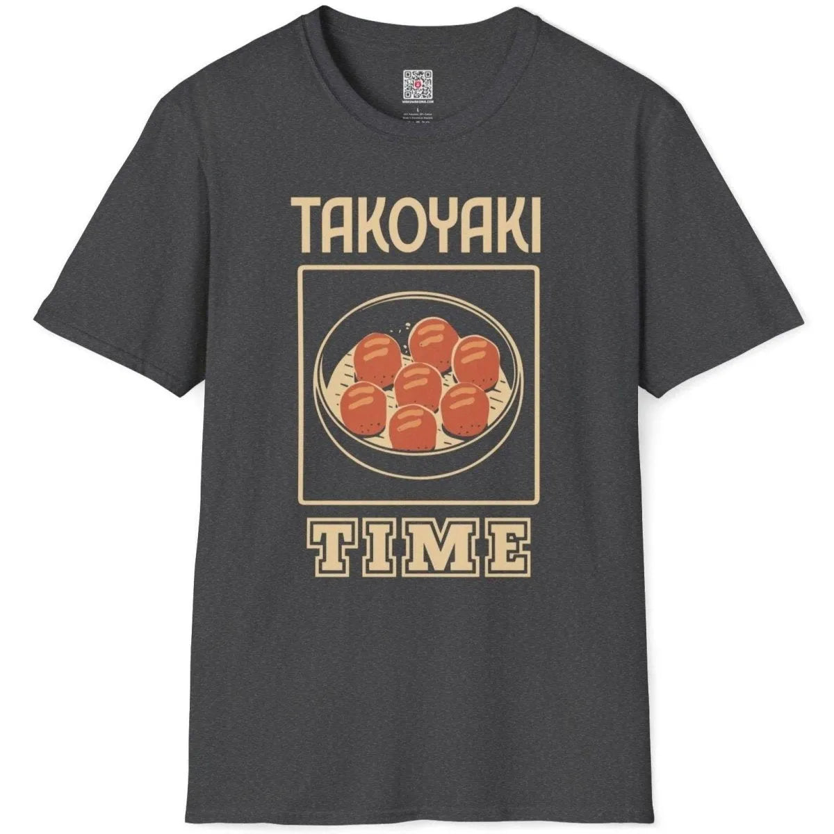 Flatlay of dark heather shirt with takoyaki balls, “TAKOYAKI TIME” text, and junkfood clothing style.