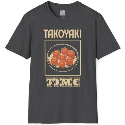 Flatlay of dark heather shirt with takoyaki balls, “TAKOYAKI TIME” text, and junkfood clothing style.