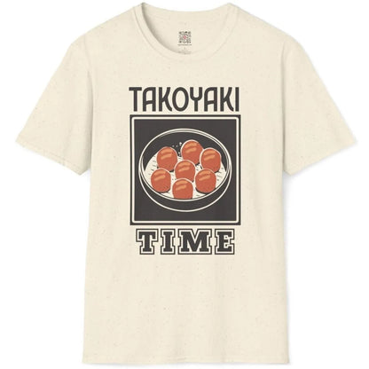 Flatlay of natural shirt with takoyaki balls, “TAKOYAKI TIME” text, and retro diner vibe.