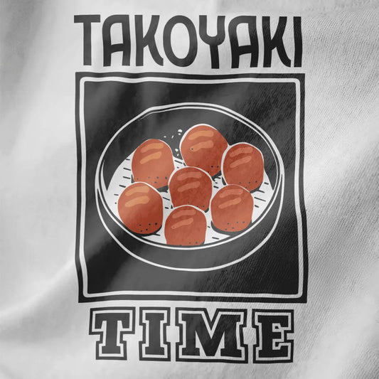Seven golden-brown takoyaki balls in black oval frame, “TAKOYAKI TIME” text on white shirt, retro diner style.