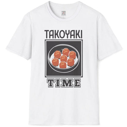 Flatlay of white shirt with takoyaki balls, “TAKOYAKI TIME” text, and vintage advertisement poster look.
