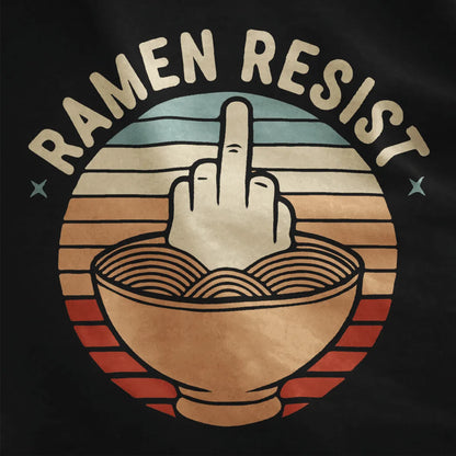 Bold hand giving the middle finger in ramen bowl on black shirt, retro sunset colors, ramen t-shirt, bold text.