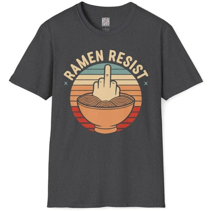 Dark heather flatlay t-shirt with ramen resist design, bold hand, retro colors, ramen t-shirt.