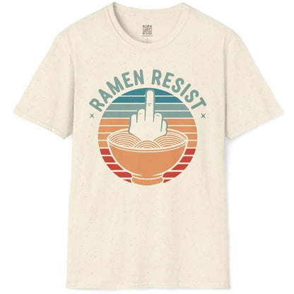 Natural flatlay t-shirt with ramen resist design, bold hand, retro colors, ramen t-shirt.