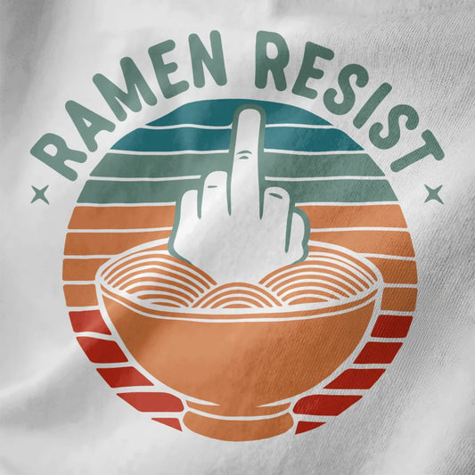 Bold hand giving the middle finger in ramen bowl on white shirt, retro sunset colors, ramen t-shirt, bold text.