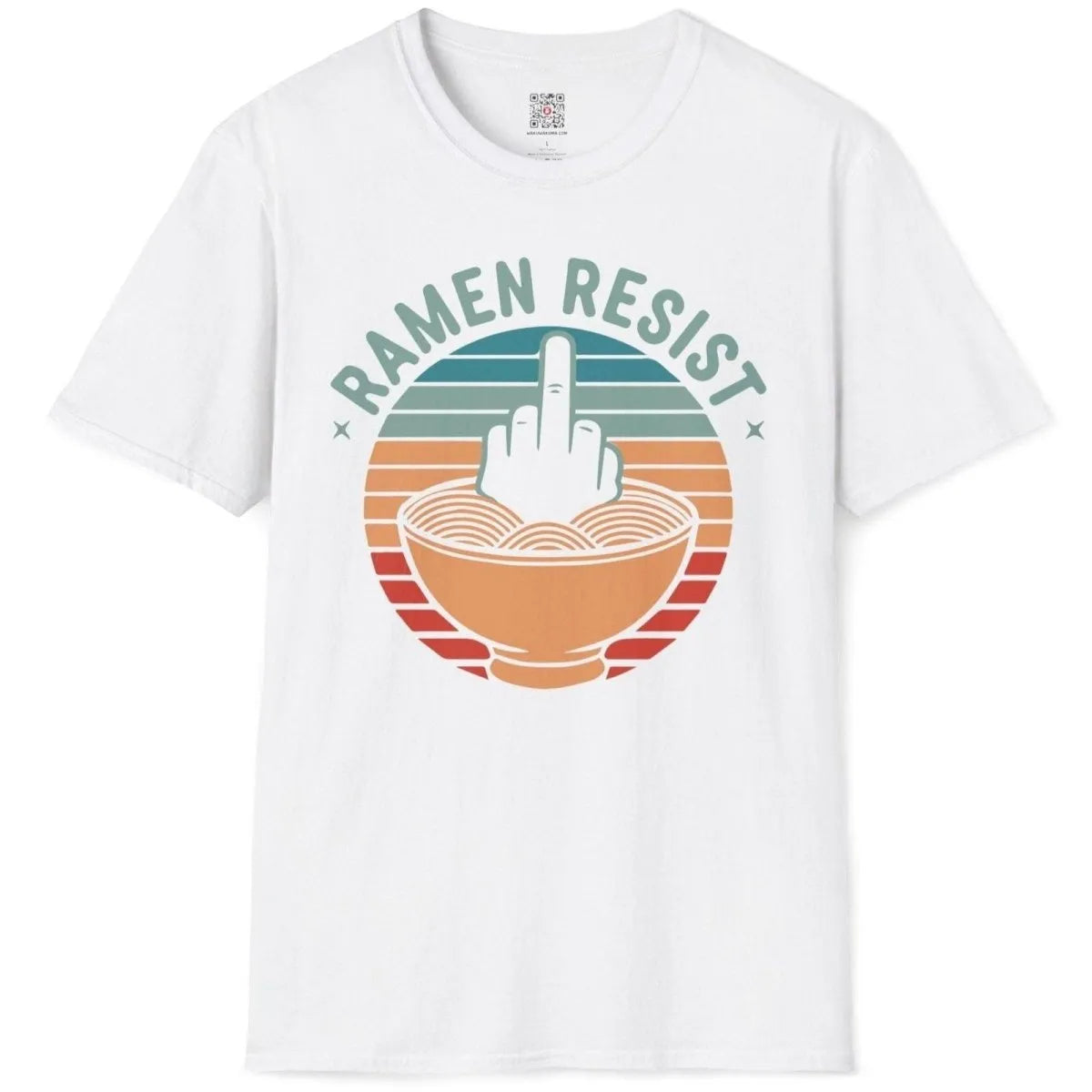 White flatlay t-shirt with bold ramen resist design, rebellious hand, vintage aesthetic, bold text fonts.