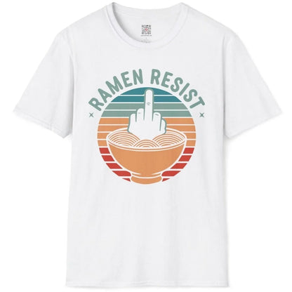 White flatlay t-shirt with bold ramen resist design, rebellious hand, vintage aesthetic, bold text fonts.