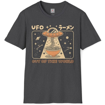 Dark heather flatlay t-shirt showing colorful UFO ramen design, pop art style and playful composition.