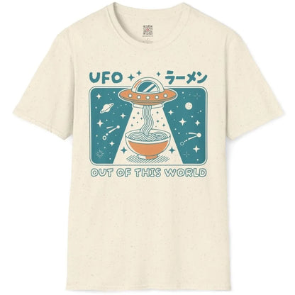 Natural shirt flatlay with whimsical ramen and UFO print, cartoonish style and cosmic details.
