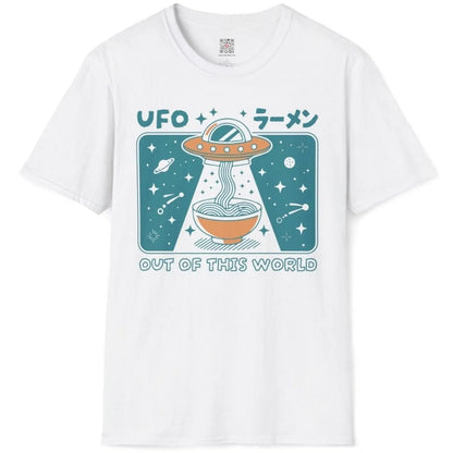 White flatlay shirt with dynamic cosmic ramen illustration, Japanese characters and vintage typography.