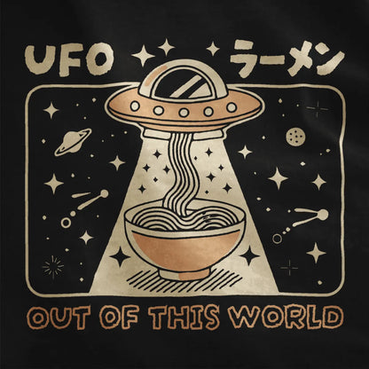 Black shirt close-up with whimsical UFO beaming noodles into ramen bowl, stars and planets in background.