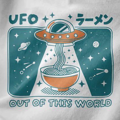Close-up of vibrant UFO ramen design on white shirt, featuring cosmic elements and playful Japanese text.