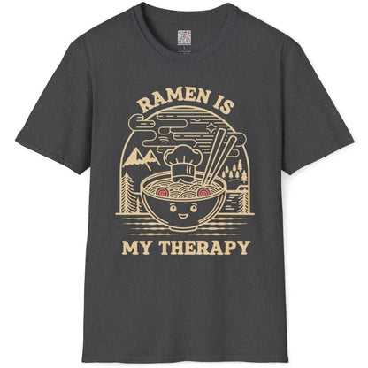 Dark heather t-shirt flatlay showing playful ramen design with chef’s hat, tranquil landscape, ramen shirt.