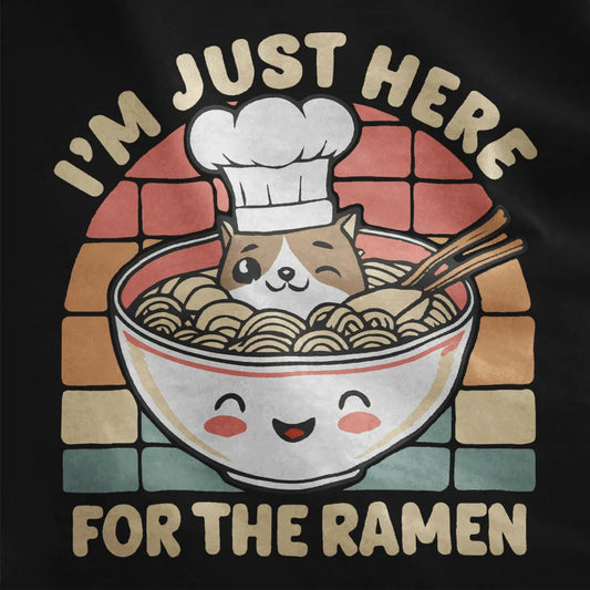 Close-up of whimsical dog chef in ramen bowl on black t-shirt, ramen t-shirt, whimsical animal, foodie style.