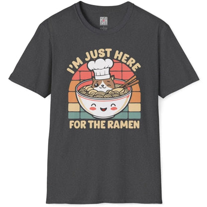 Dark heather t-shirt flatlay featuring dog chef in ramen bowl, ramen apparel, whimsical animal, foodie style.